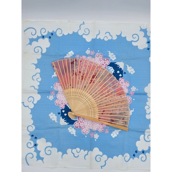 VTG Cherry Blossom Pink & White Folding Fan +Japanese Mt. Fuji Matching Fabric - Picture 10 of 12
